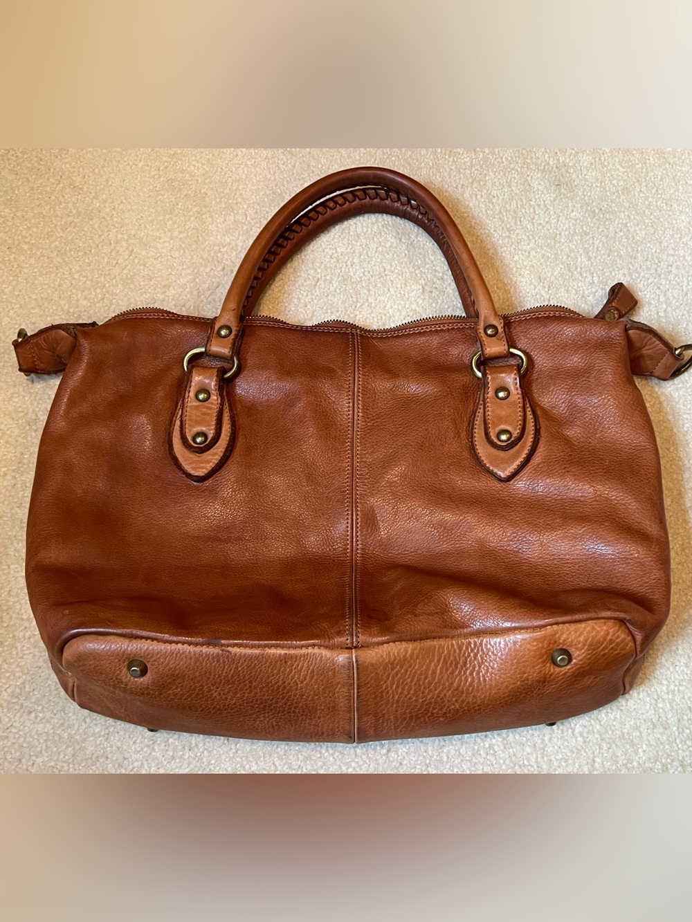 Sundance Catalog Cognac Brown Woven Leather Basketweave Satchel Bag - Picture 14 of 14